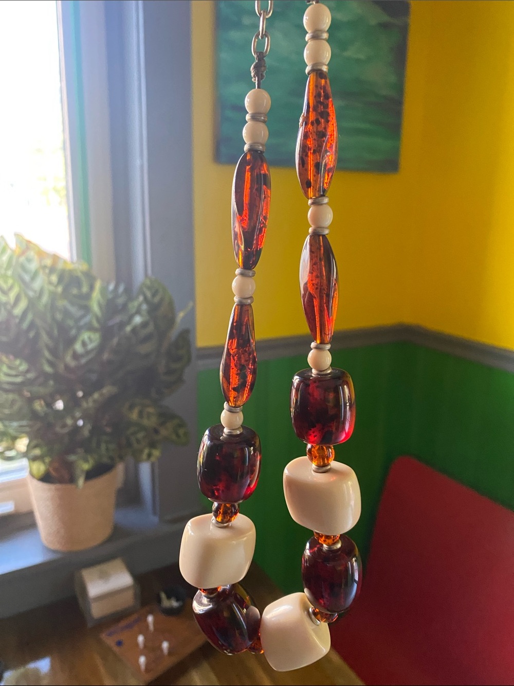 Translucent Amber-Red and Cream Bead Statement Necklace